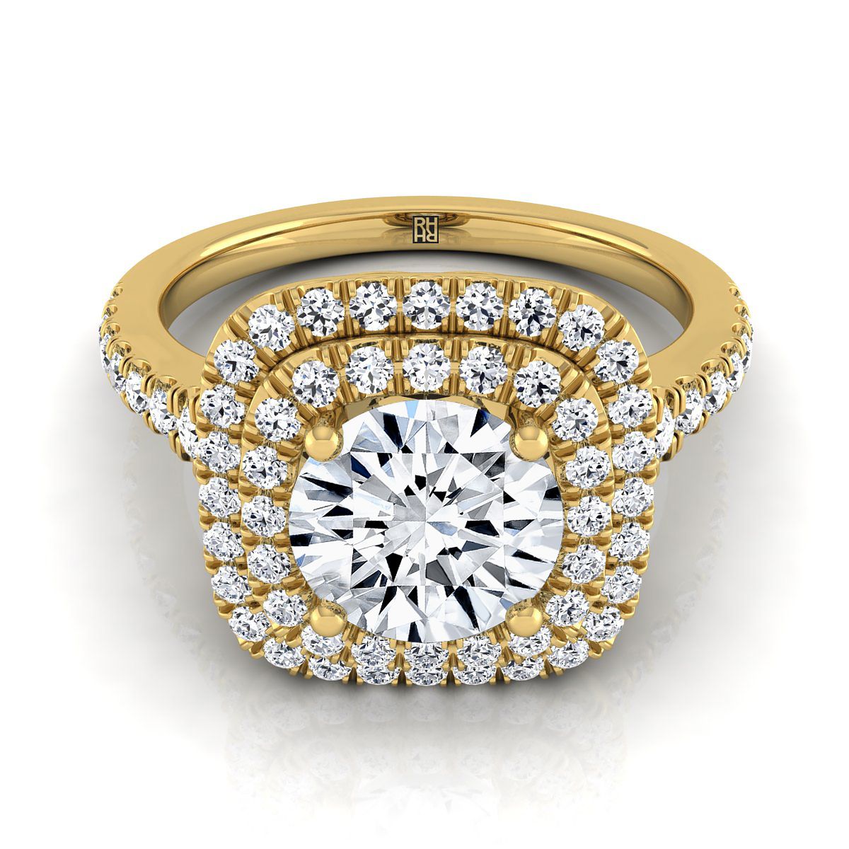Round Brilliant, Double Scalloped Pavé Halo, in 18K Yellow Gold, pave setting | RockHer