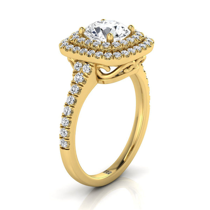 Round Brilliant, Double Scalloped Pavé Halo, in 18K Yellow Gold, pave setting – side profile | RockHer