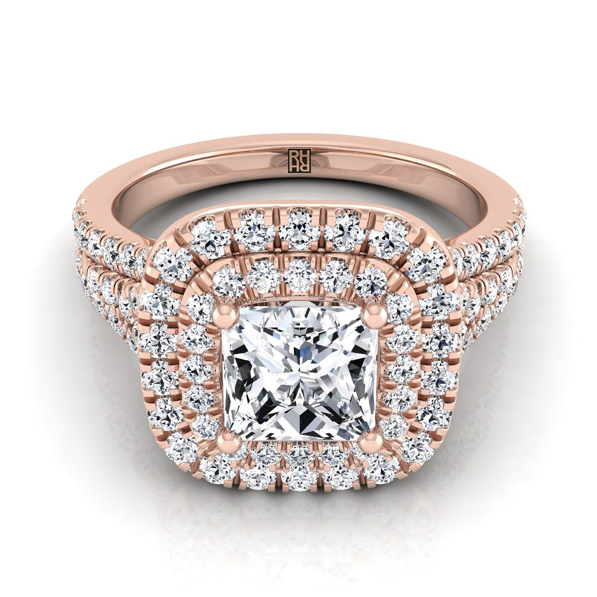 Four Row Double Halo Princess, in 14K Rose Gold, pave setting | RockHer