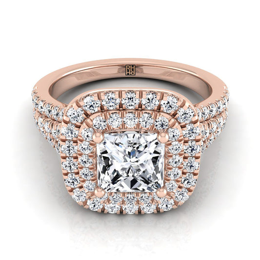 Four Row Double Halo Princess, in 14K Rose Gold, pave setting | RockHer