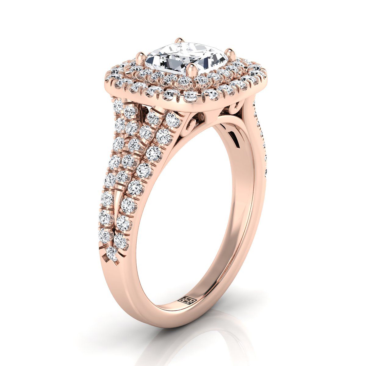 Four Row Double Halo Princess, in 14K Rose Gold, pave setting – side profile | RockHer