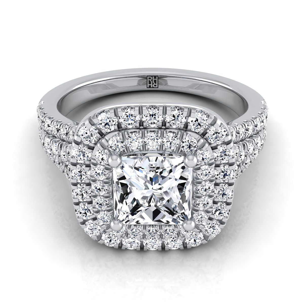Four Row Double Halo Princess, in 18K White Gold, pave setting | RockHer