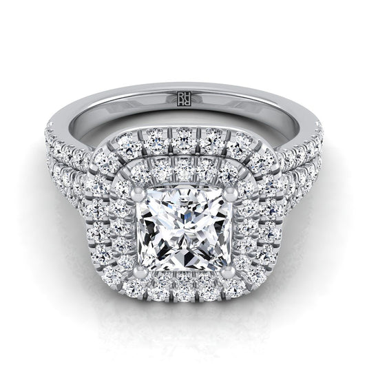 แหวนหมั้นเพชรทรงเจ้าหญิง 14K ทองคำขาว สี่แถว ตัวเรือนแยกแบบชานโล่คู่ ประดับเพชรแบบปาเว่ น้ำหนักรวม 7/8 กะรัต