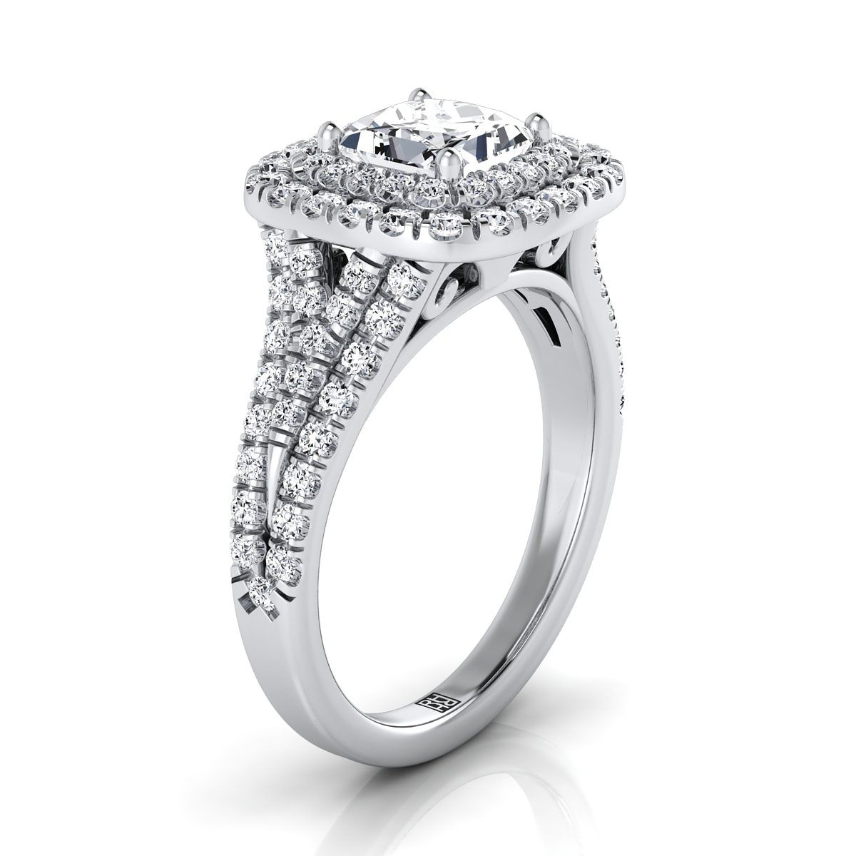 Four Row Double Halo Princess, in Platinum, pave setting – side profile | RockHer