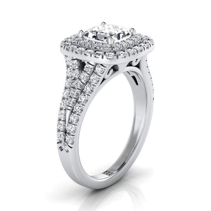 Four Row Double Halo Princess, in 18K White Gold, pave setting – side profile | RockHer