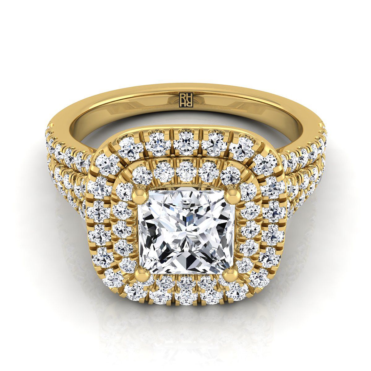 Four Row Double Halo Princess, in 18K Yellow Gold, pave setting | RockHer