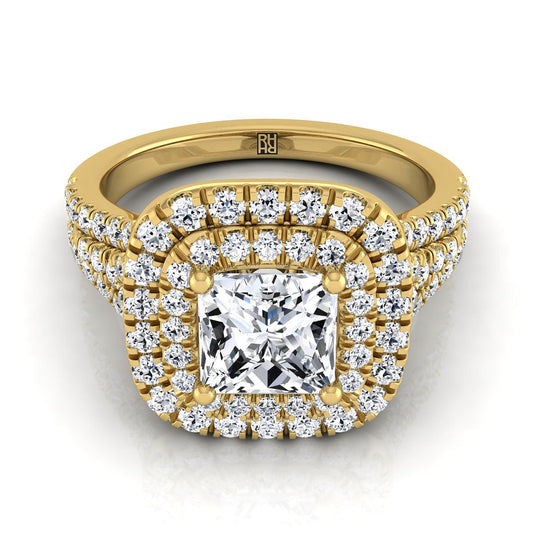 Four Row Double Halo Princess, in 18K Yellow Gold, pave setting | RockHer