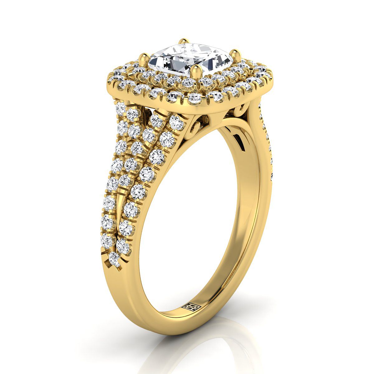 Four Row Double Halo Princess, in 18K Yellow Gold, pave setting – side profile | RockHer