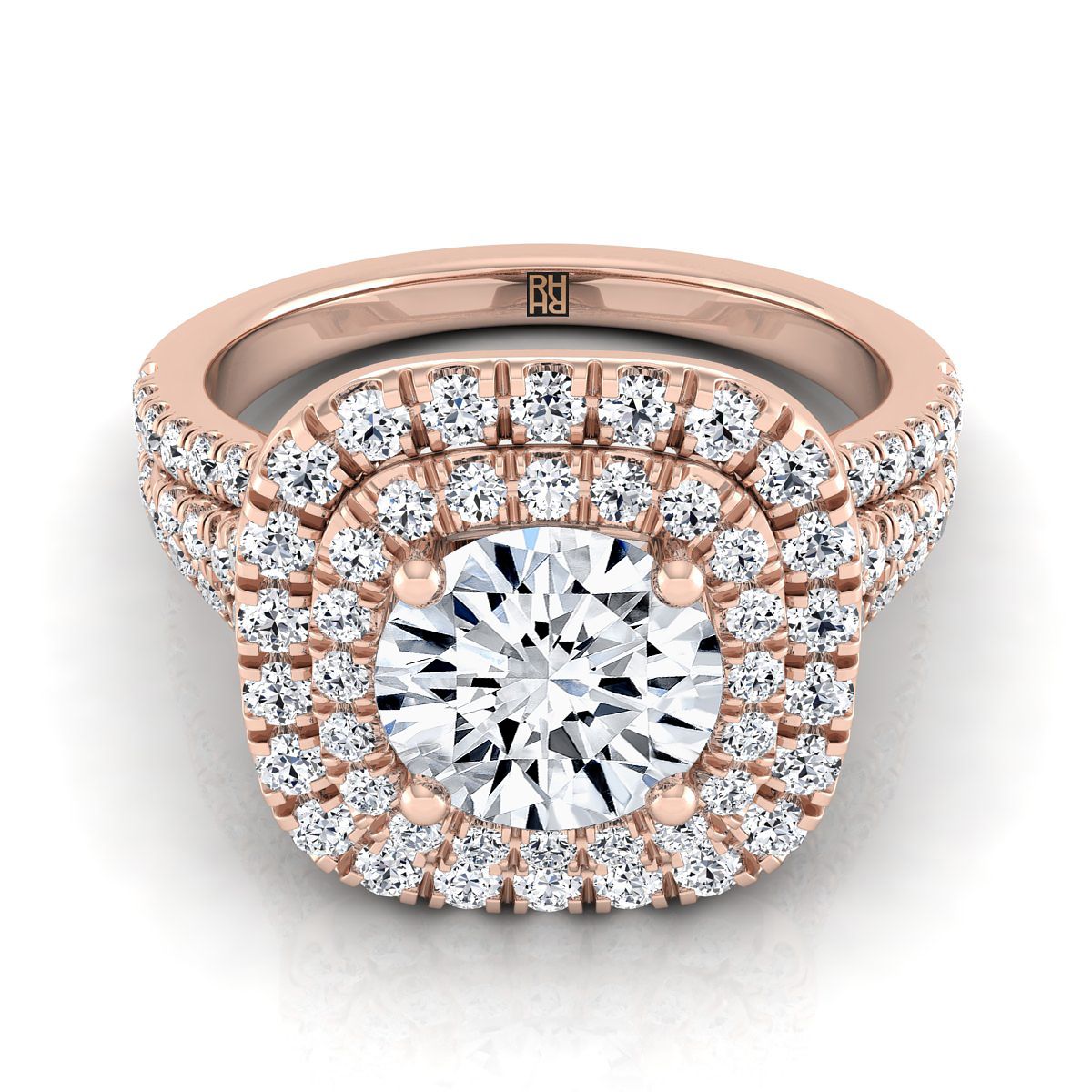 Round Brilliant, Four Row Double Halo, in 14K Rose Gold, pave setting | RockHer