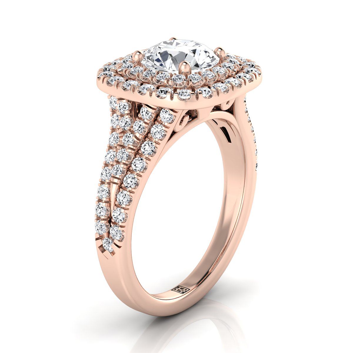 Round Brilliant, Four Row Double Halo, in 14K Rose Gold, pave setting – side profile | RockHer