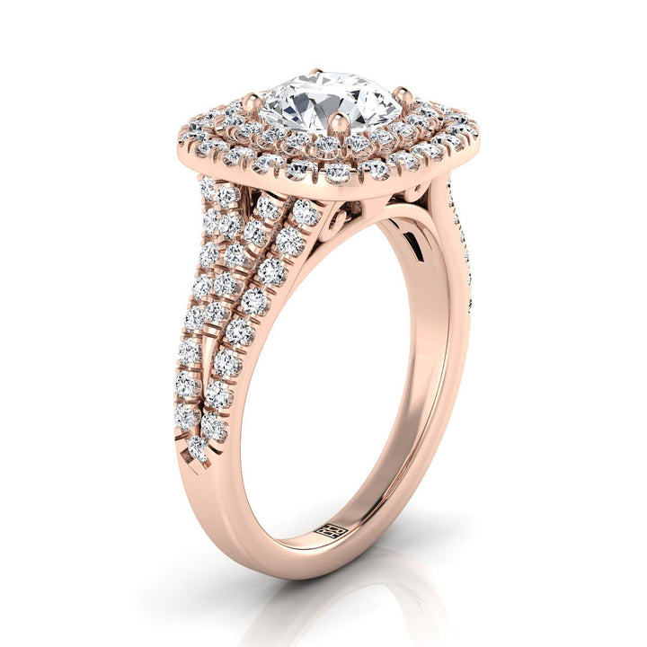 Round Brilliant, Four Row Double Halo, in 14K Rose Gold, pave setting – side profile | RockHer