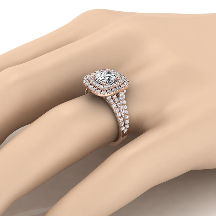 Round Brilliant, Four Row Double Halo, in 14K Rose Gold, pave setting – detail view | RockHer