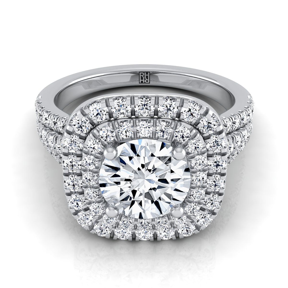 Round Brilliant, Four Row Double Halo, in 18K White Gold, pave setting | RockHer