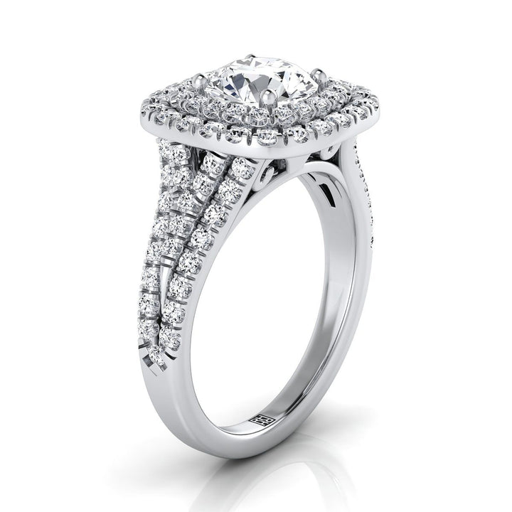 Round Brilliant, Four Row Double Halo, in Platinum, pave setting – side profile | RockHer