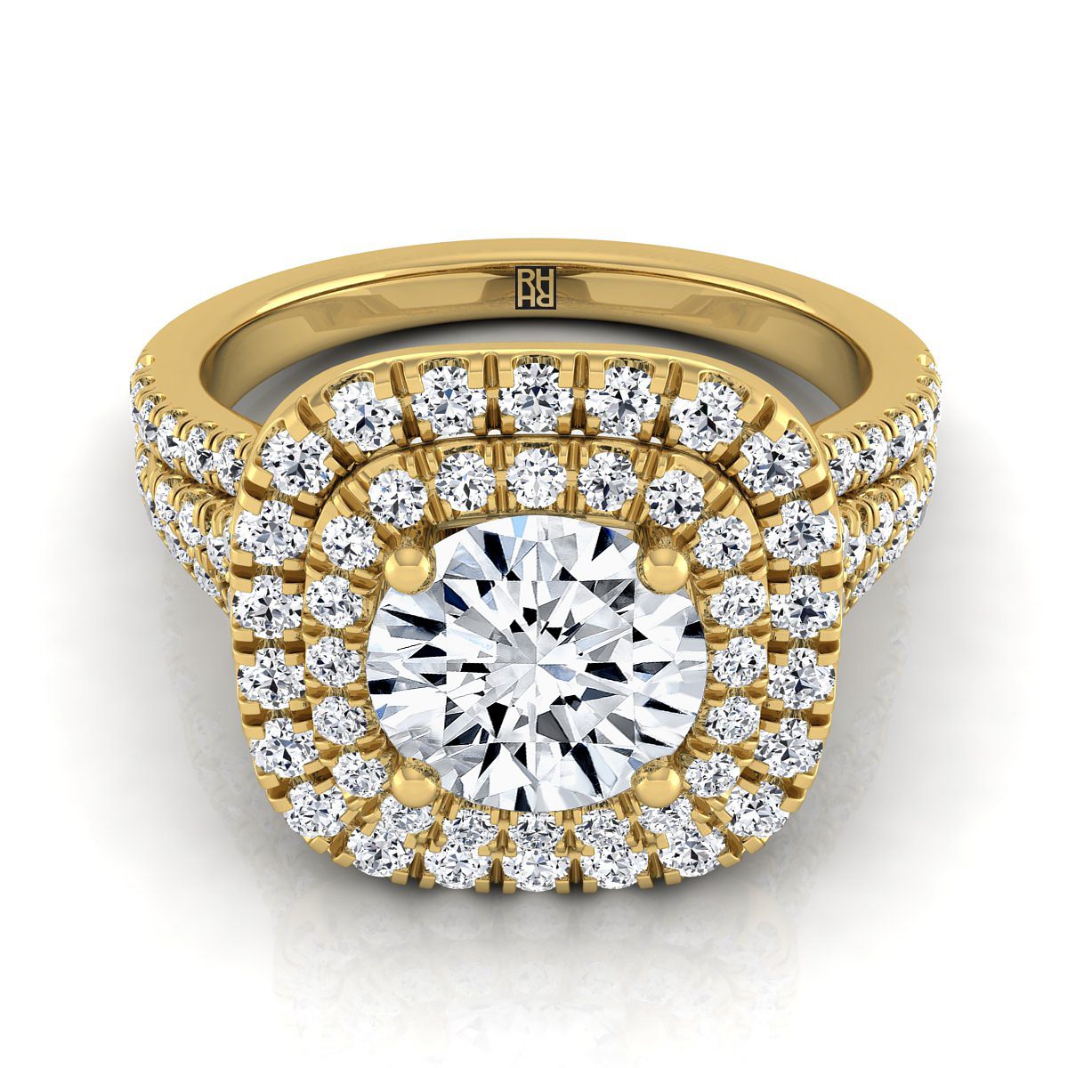 Round Brilliant, Four Row Double Halo, in 18K Yellow Gold, pave setting – view 8 | RockHer