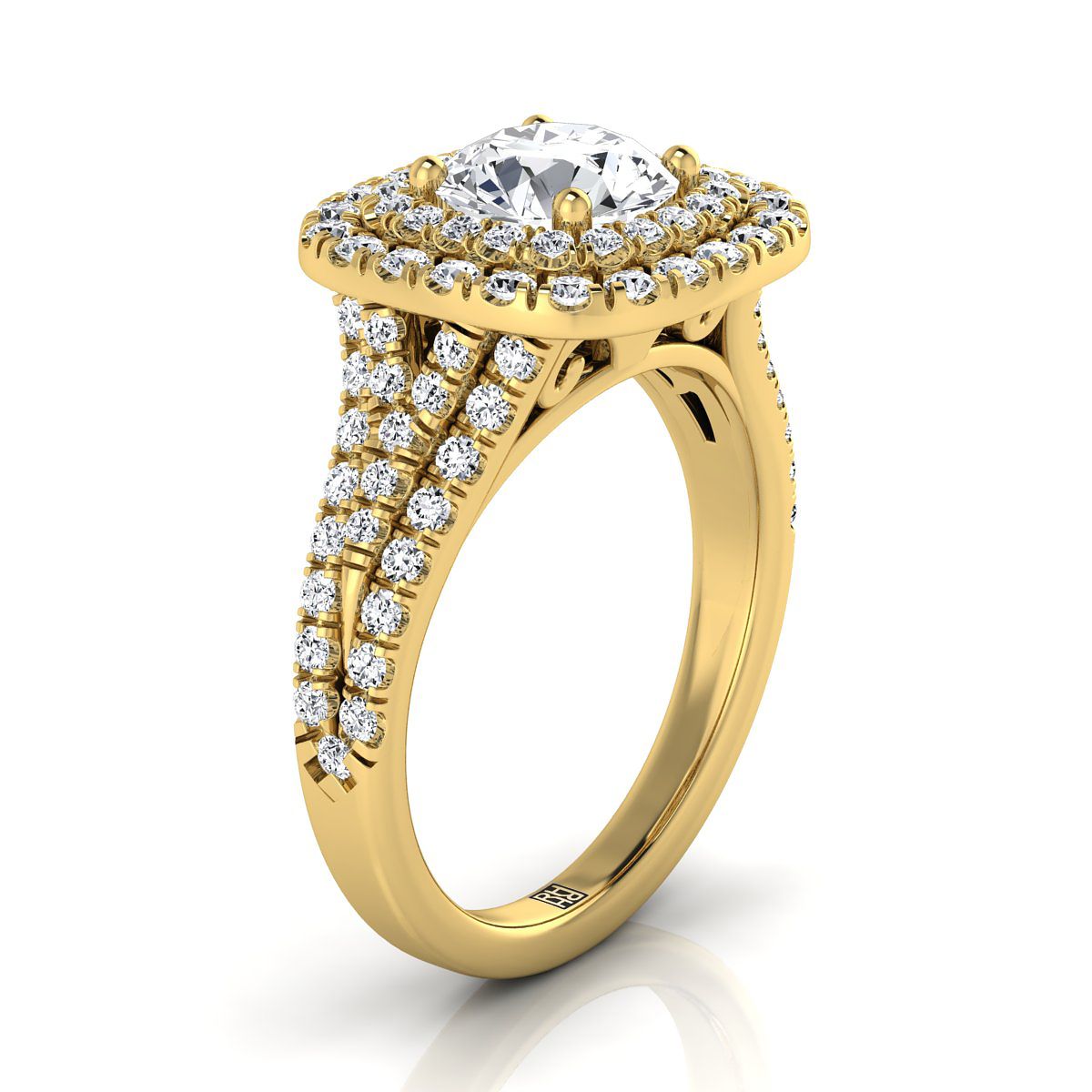 แหวนหมั้นเพชรทรงกลมเจียระไนแบบ Brilliant สีเหลืองทอง 18K แบบแถวสี่แถว แยกชั้น พร้อมเพชรประดับแบบ Pave และ Double Halo - 7/8ctw