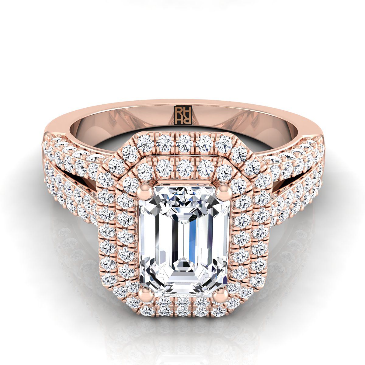 European Cut, Three Tier Halo Crown Emerald, in 14K Rose Gold, pave setting | RockHer