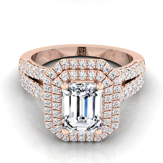 European Cut, Three Tier Halo Crown Emerald, in 14K Rose Gold, pave setting | RockHer
