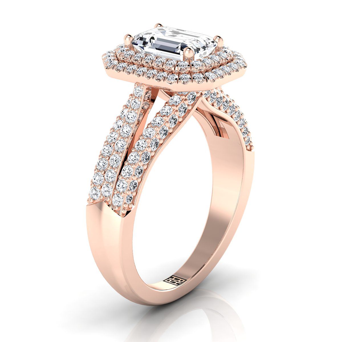 European Cut, Three Tier Halo Crown Emerald, in 14K Rose Gold, pave setting – side profile | RockHer