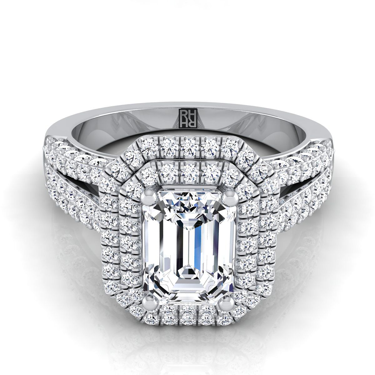 European Cut, Three Tier Halo Crown Emerald, in Platinum, pave setting | RockHer