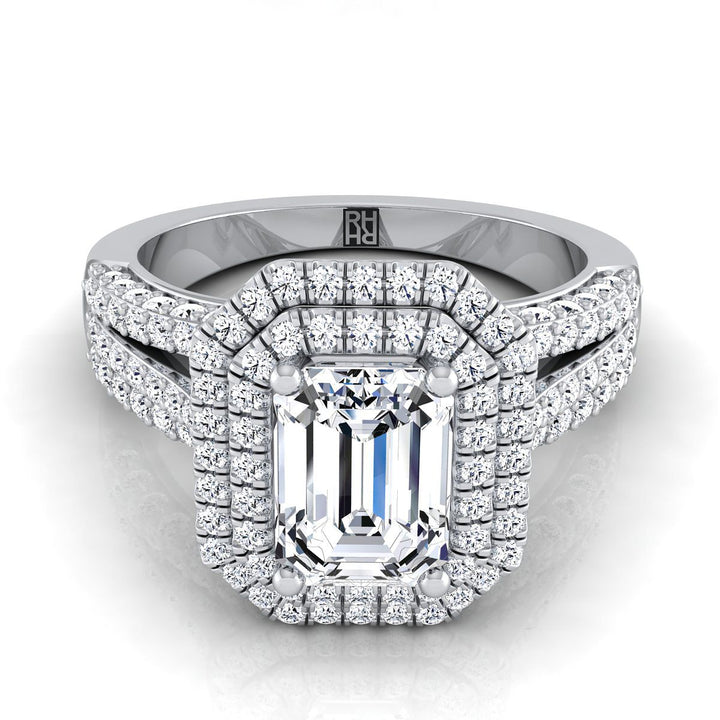 European Cut, Three Tier Halo Crown Emerald, in Platinum, pave setting | RockHer