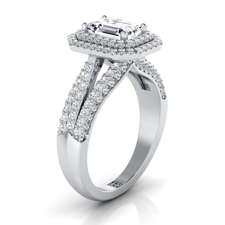European Cut, Three Tier Halo Crown Emerald, in Platinum, pave setting – side profile | RockHer