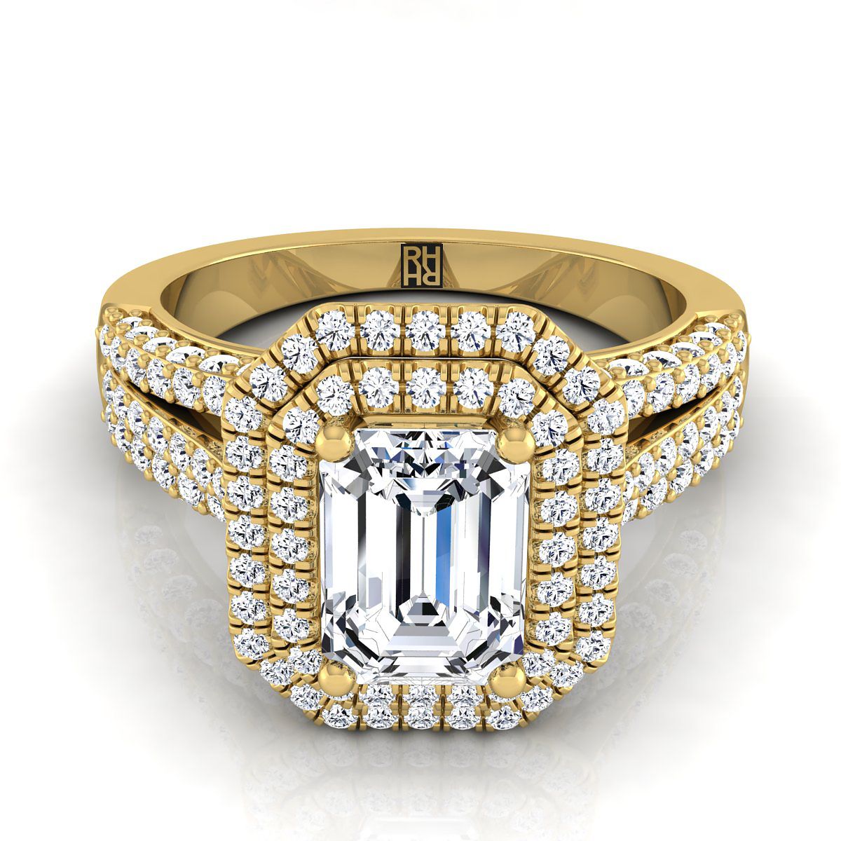 European Cut, Three Tier Halo Crown Emerald, in 18K Yellow Gold, pave setting | RockHer