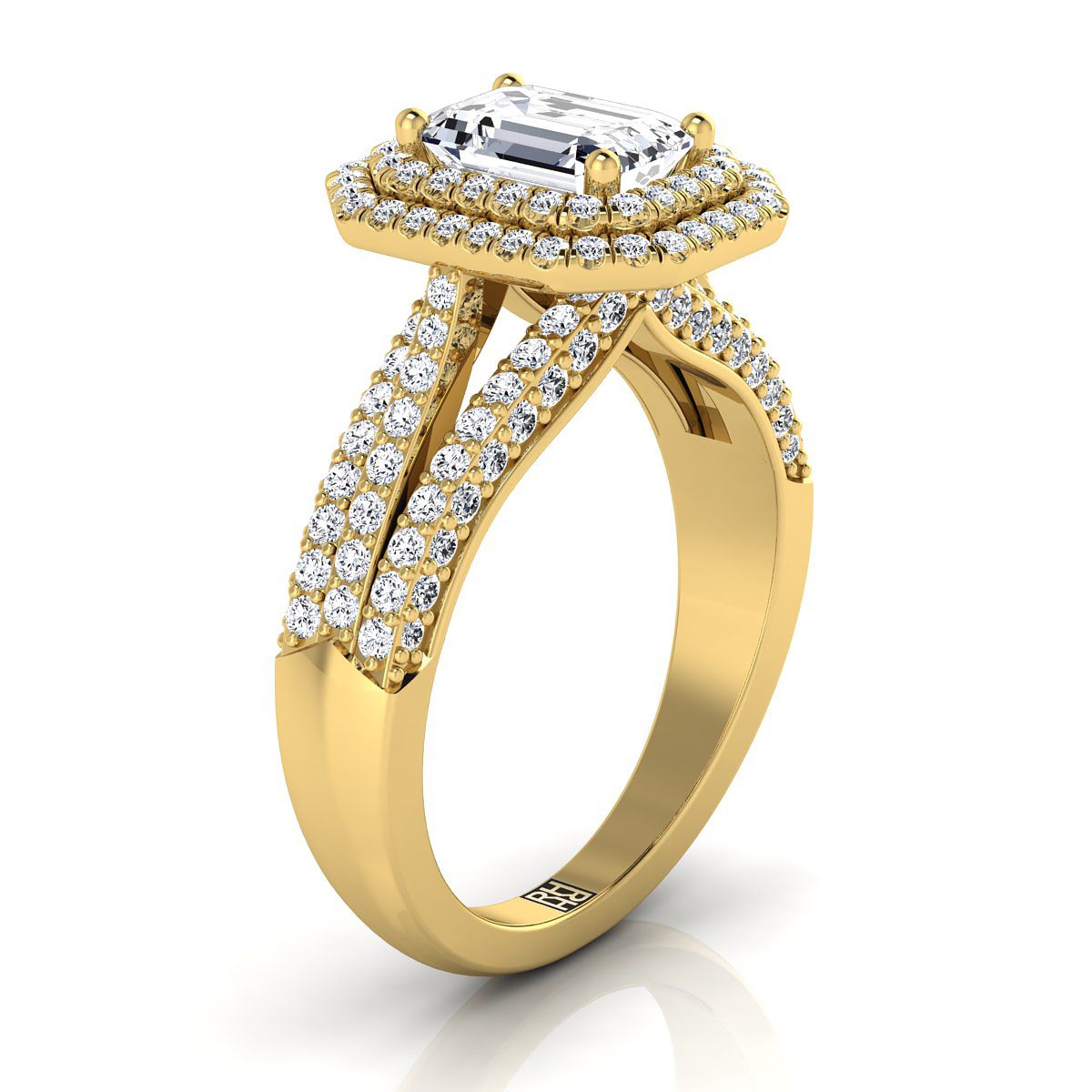 European Cut, Three Tier Halo Crown Emerald, in 18K Yellow Gold, pave setting – side profile | RockHer