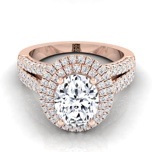 แหวนหมั้นมงกุฎฮาโล่เพชรสามชั้นรูปวงรีพิเศษทองกุหลาบ 14K - 7/8ctw