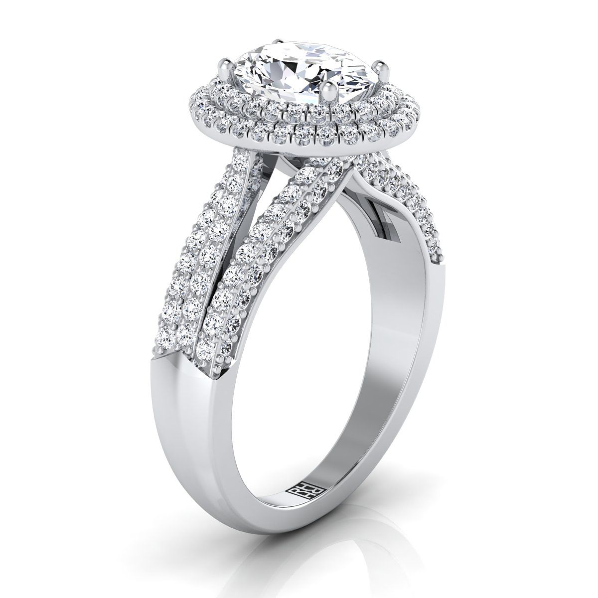 Three Tier Halo Crown Oval, in 18K White Gold, pave setting – side profile | RockHer