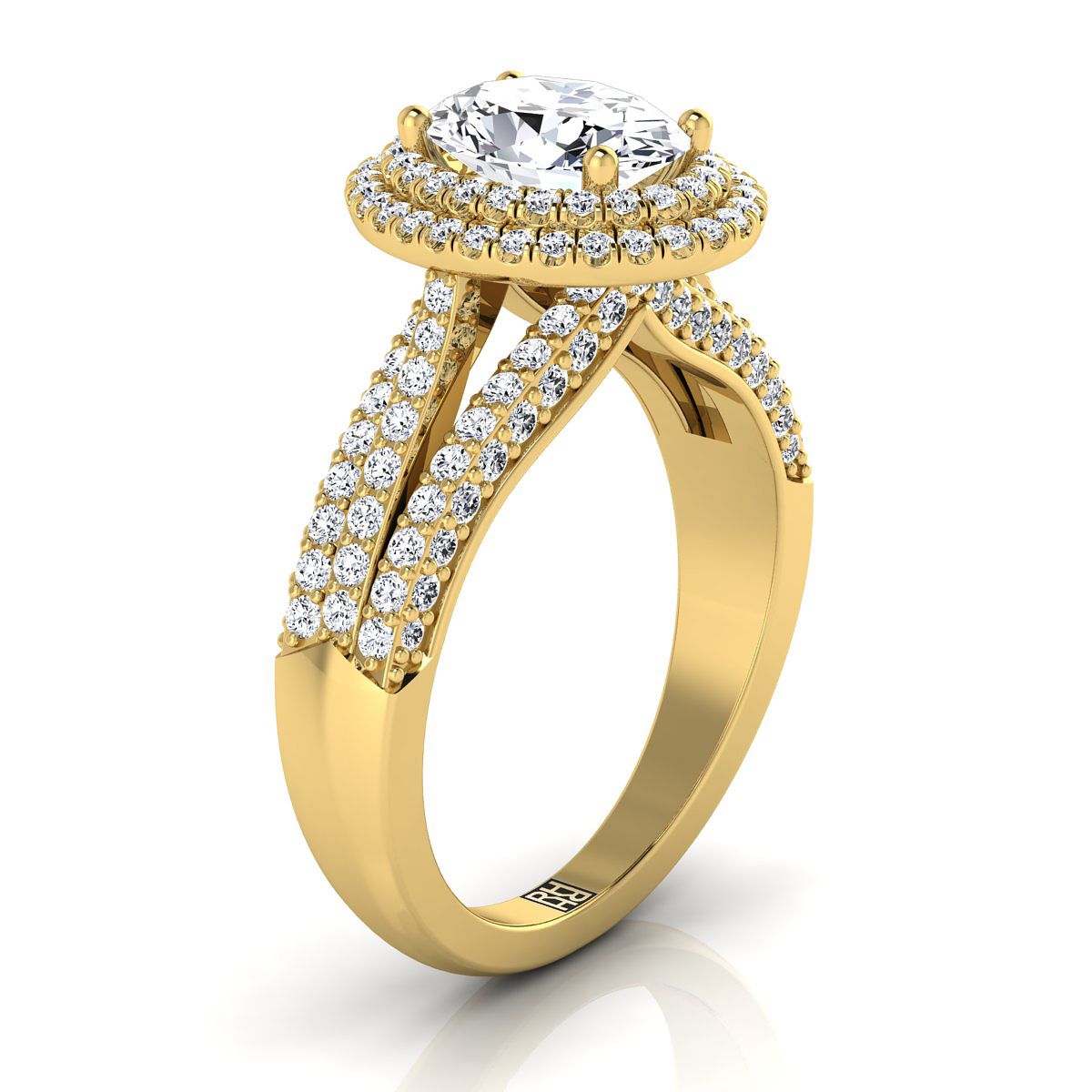 Three Tier Halo Crown Oval, in 18K Yellow Gold, pave setting – side profile | RockHer