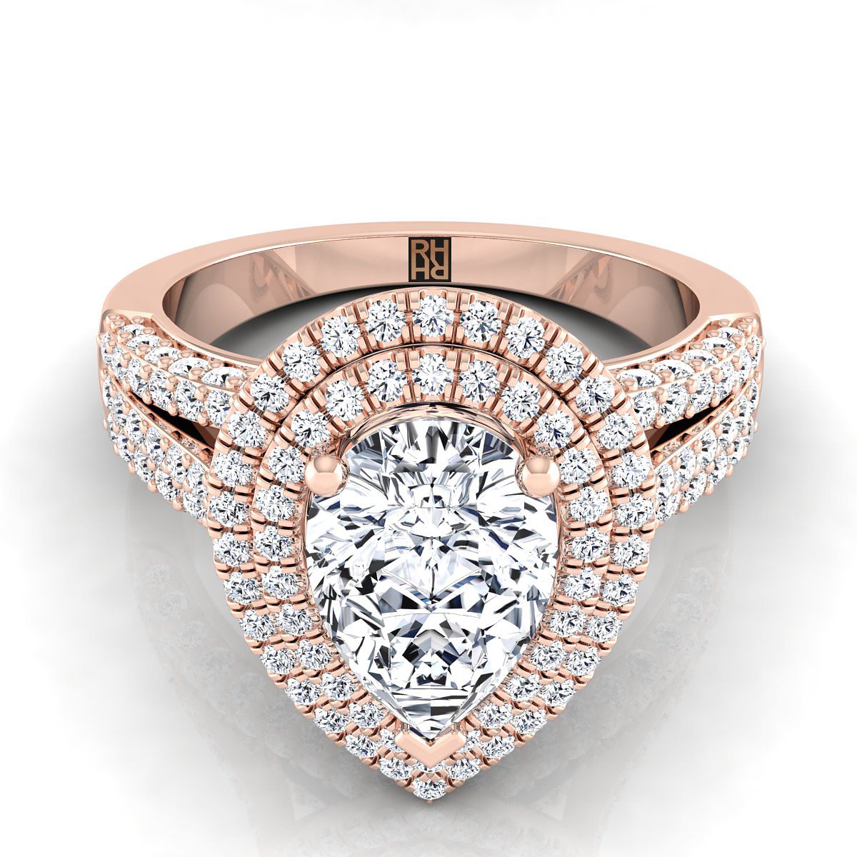 Three Tier Halo Crown Pear Shape, in 14K Rose Gold, pave setting | RockHer