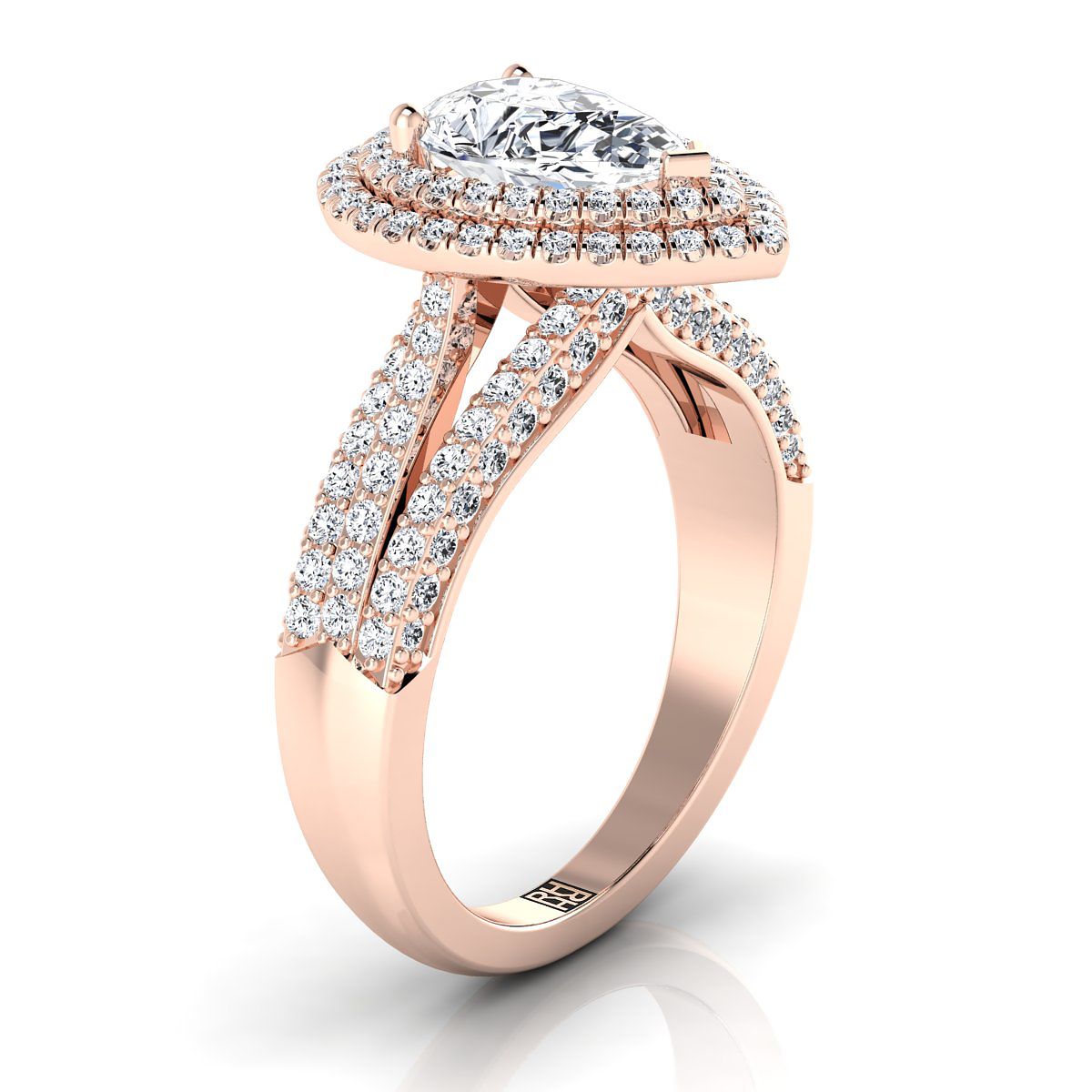 Three Tier Halo Crown Pear Shape, in 14K Rose Gold, pave setting – side profile | RockHer