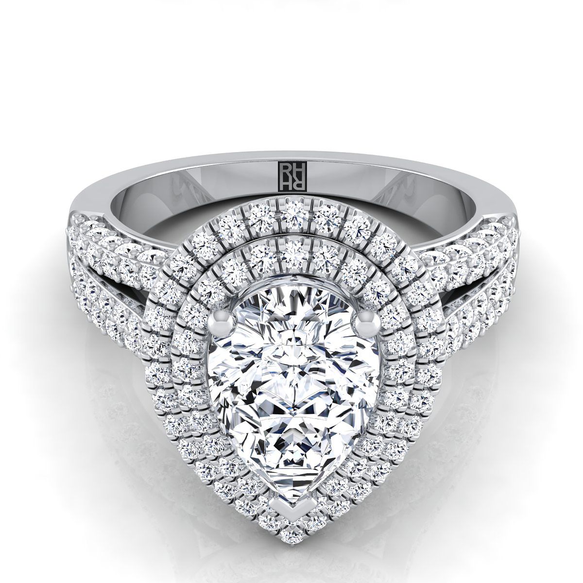 Three Tier Halo Crown Pear Shape, in 18K White Gold, pave setting | RockHer