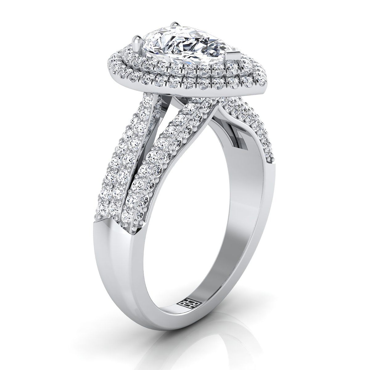 Three Tier Halo Crown Pear Shape, in 18K White Gold, pave setting – side profile | RockHer