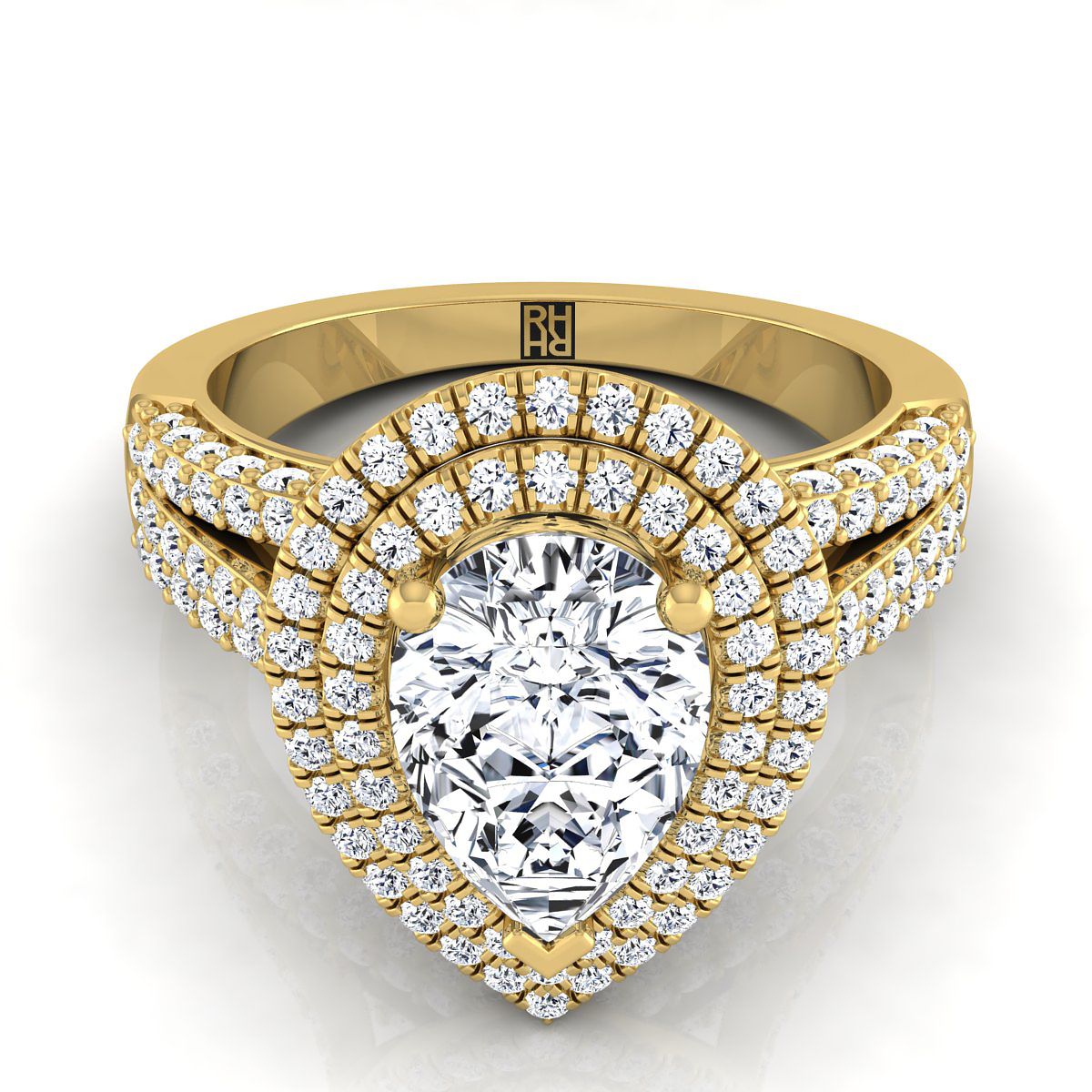 Three Tier Halo Crown Pear Shape, in 18K Yellow Gold, pave setting | RockHer