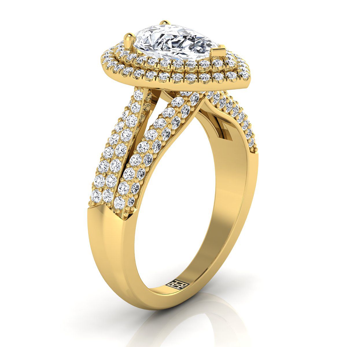 Three Tier Halo Crown Pear Shape, in 18K Yellow Gold, pave setting – side profile | RockHer