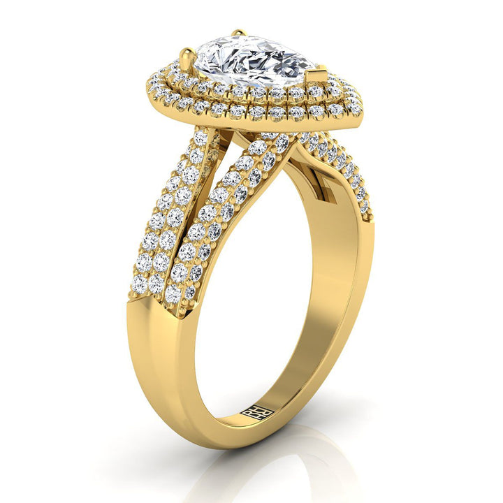 Three Tier Halo Crown Pear Shape, in 18K Yellow Gold, pave setting – side profile | RockHer