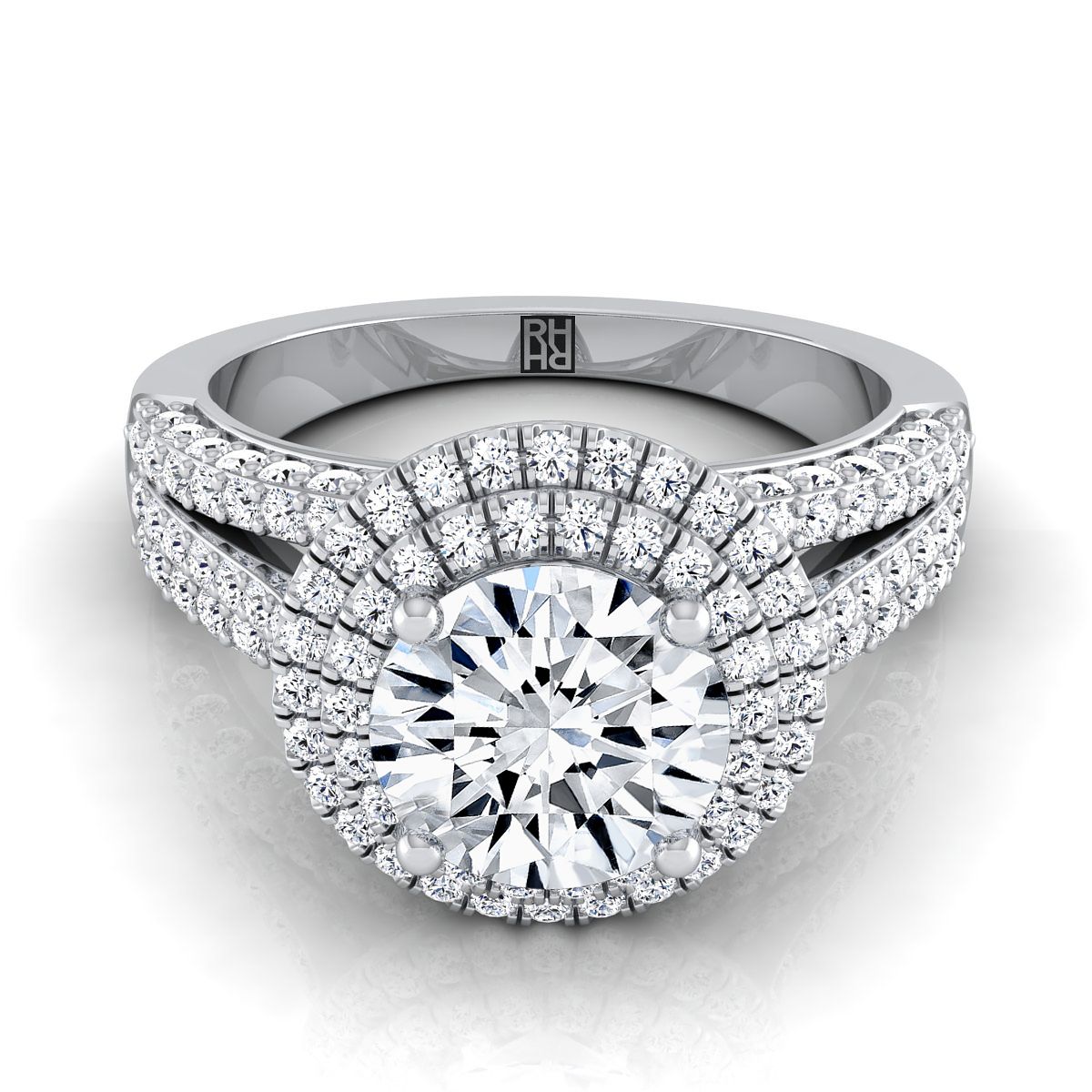 Round Brilliant, Three Tier Halo Crown, in 18K White Gold, pave setting | RockHer