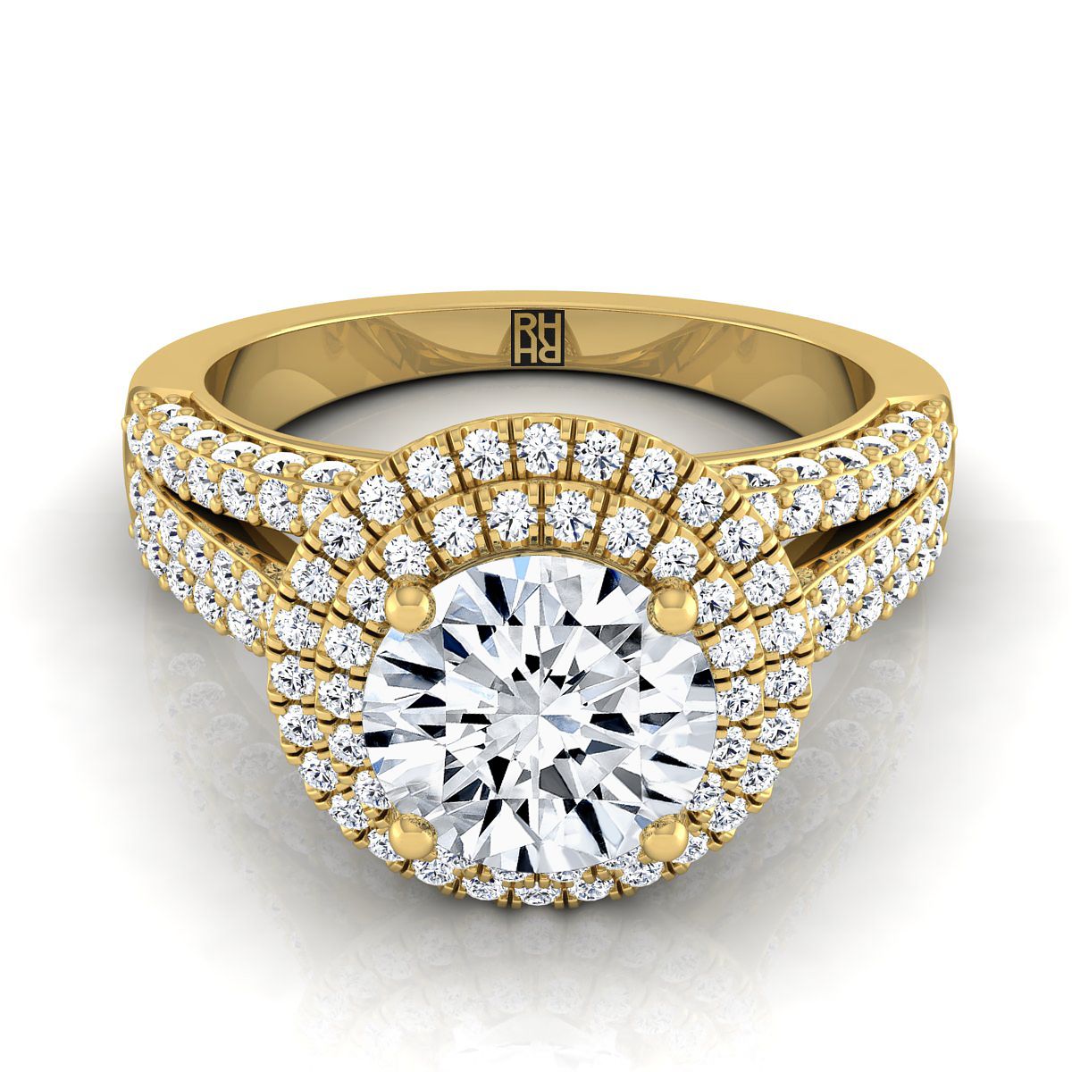 Round Brilliant, Three Tier Halo Crown, in 18K Yellow Gold, pave setting | RockHer