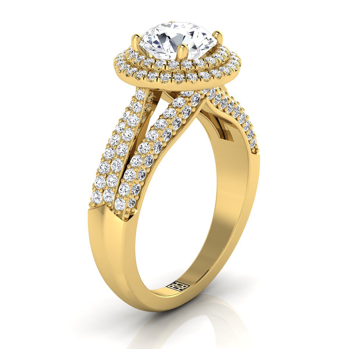 Round Brilliant, Three Tier Halo Crown, in 18K Yellow Gold, pave setting – side profile | RockHer