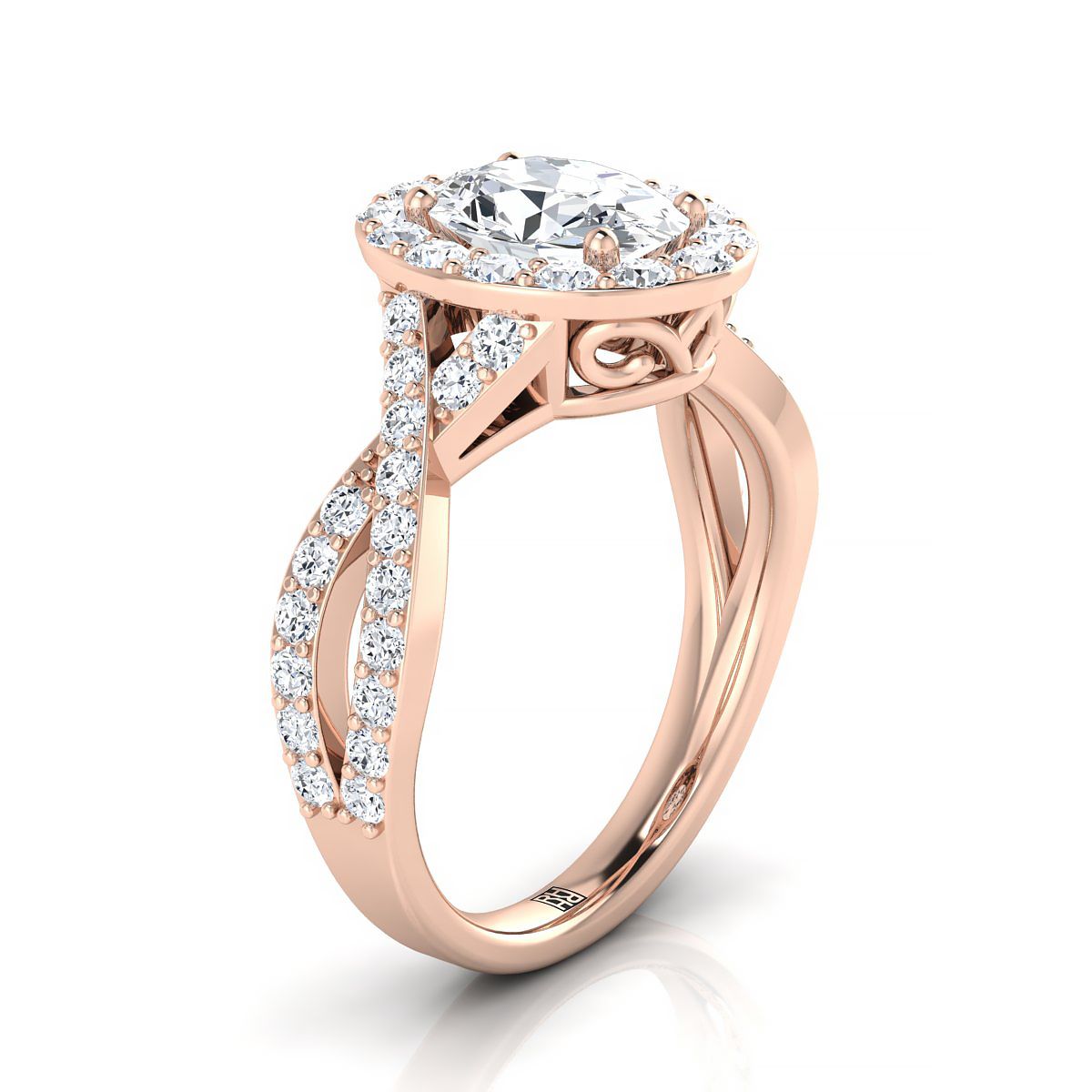 Twisted Lattice Halo Oval, in 14K Rose Gold, pave setting – side profile | RockHer