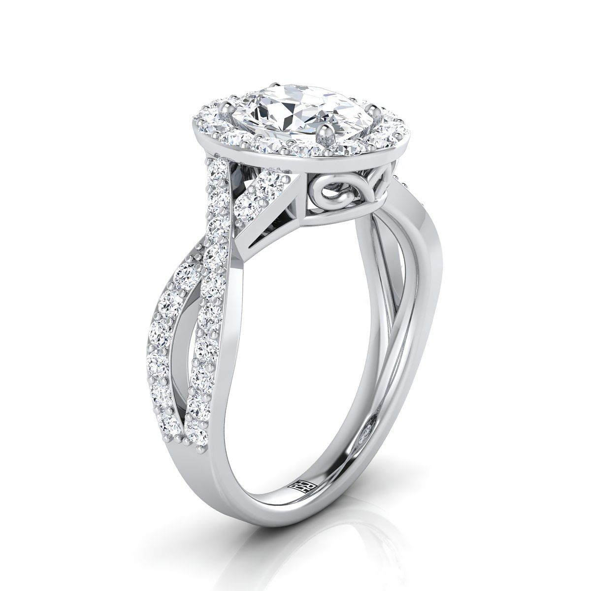 Twisted Lattice Halo Oval, in Platinum, pave setting – side profile | RockHer