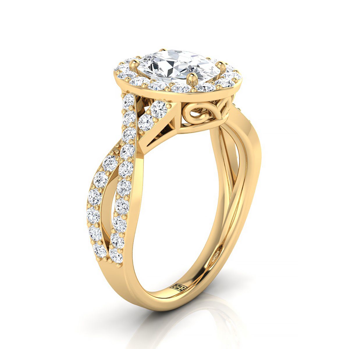 Twisted Lattice Halo Oval, in 18K Yellow Gold, pave setting – side profile | RockHer