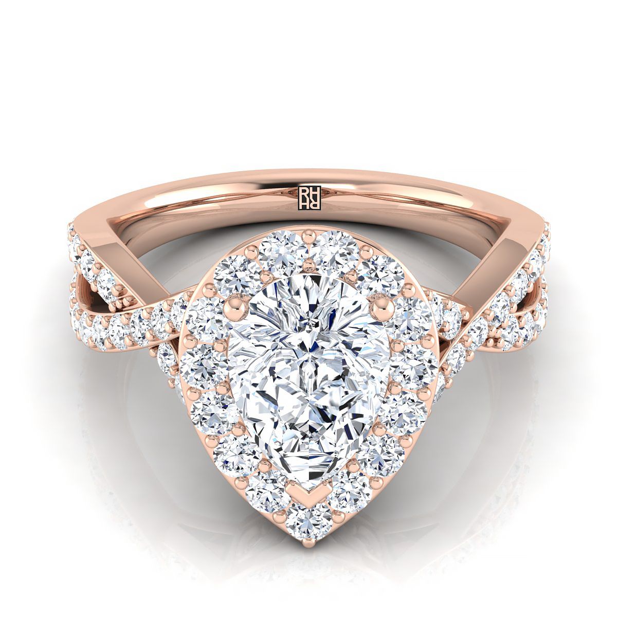 Twisted Lattice Halo Pear Shape, in 14K Rose Gold, pave setting | RockHer