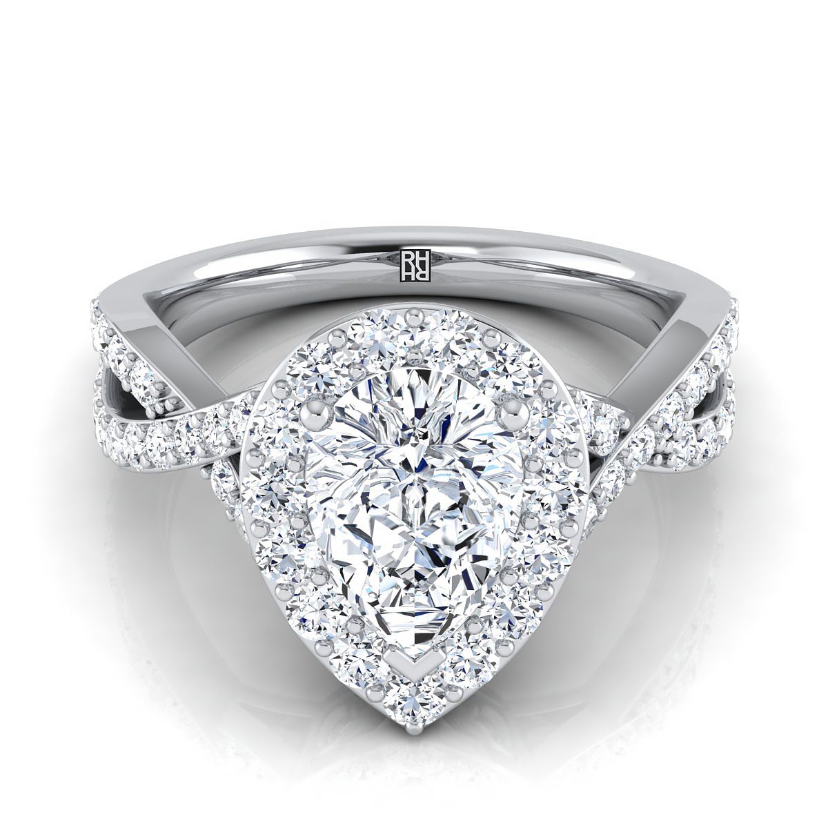 Twisted Lattice Halo Pear Shape, in 18K White Gold, pave setting | RockHer