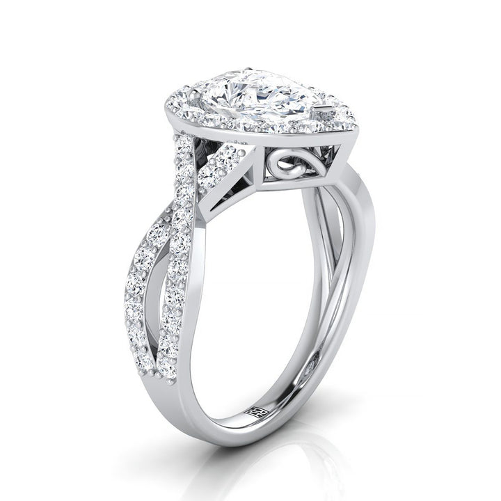 Twisted Lattice Halo Pear Shape, in 18K White Gold, pave setting – side profile | RockHer