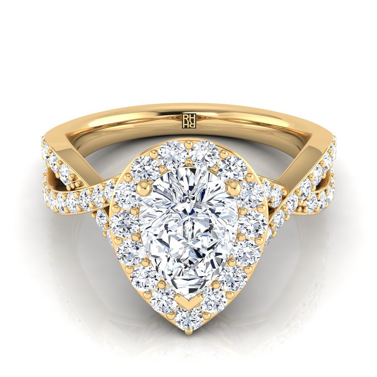 Twisted Lattice Halo Pear Shape, in 18K Yellow Gold, pave setting | RockHer