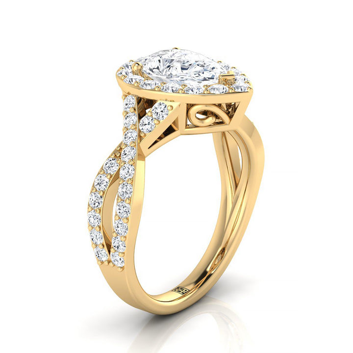 18K Yellow Gold Pear Shape Center Twisted Open Lattice Diamond Halo Engagement Ring -3/4ctw