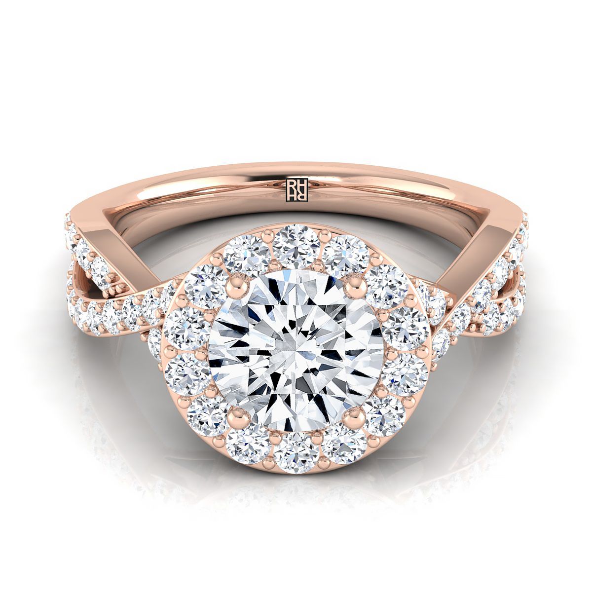 Round Brilliant, Twisted Lattice Halo, in 14K Rose Gold, pave setting | RockHer